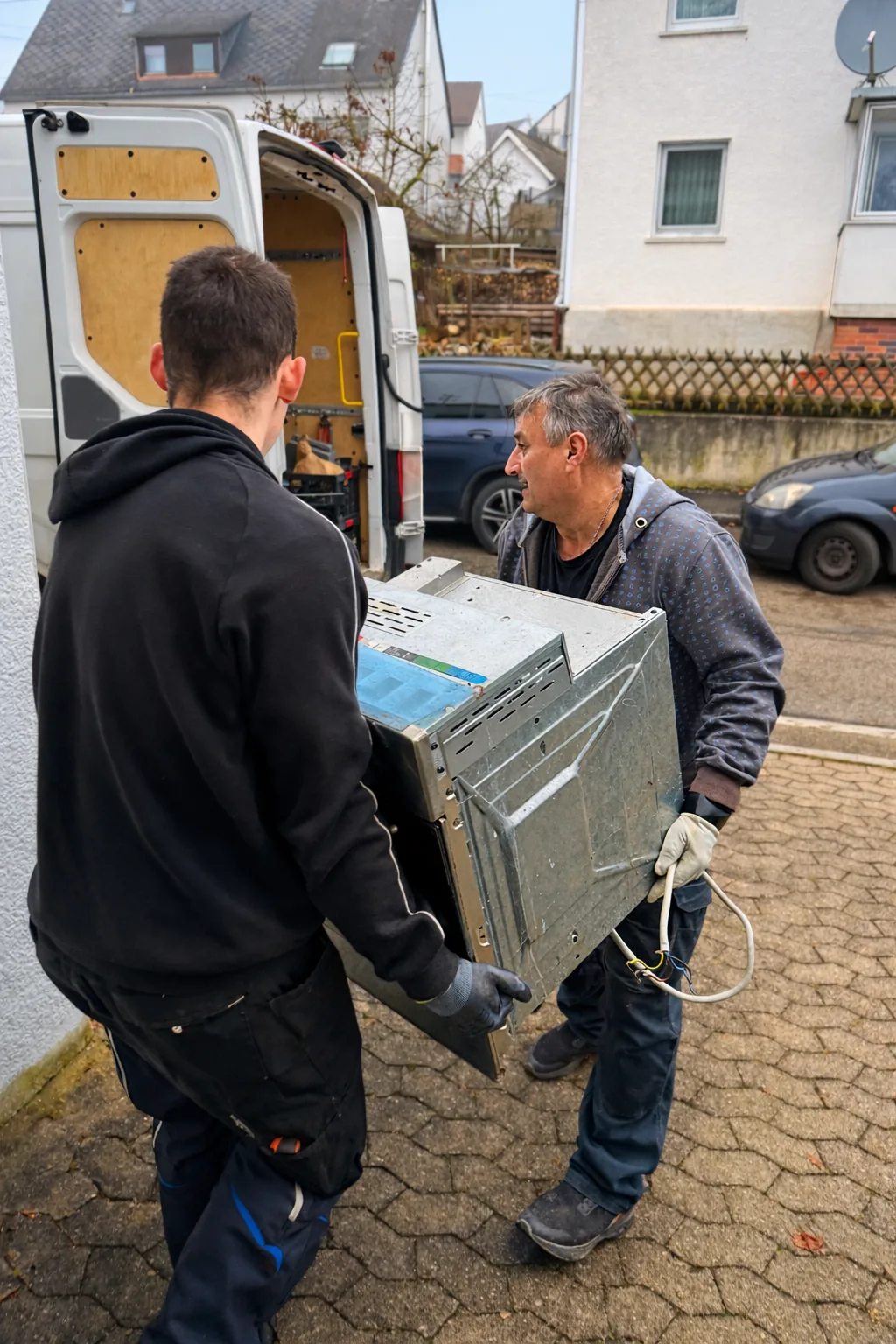 Rümpeltaxi-Mitarbeiter tragen ein Elektrogerät zum Transporter