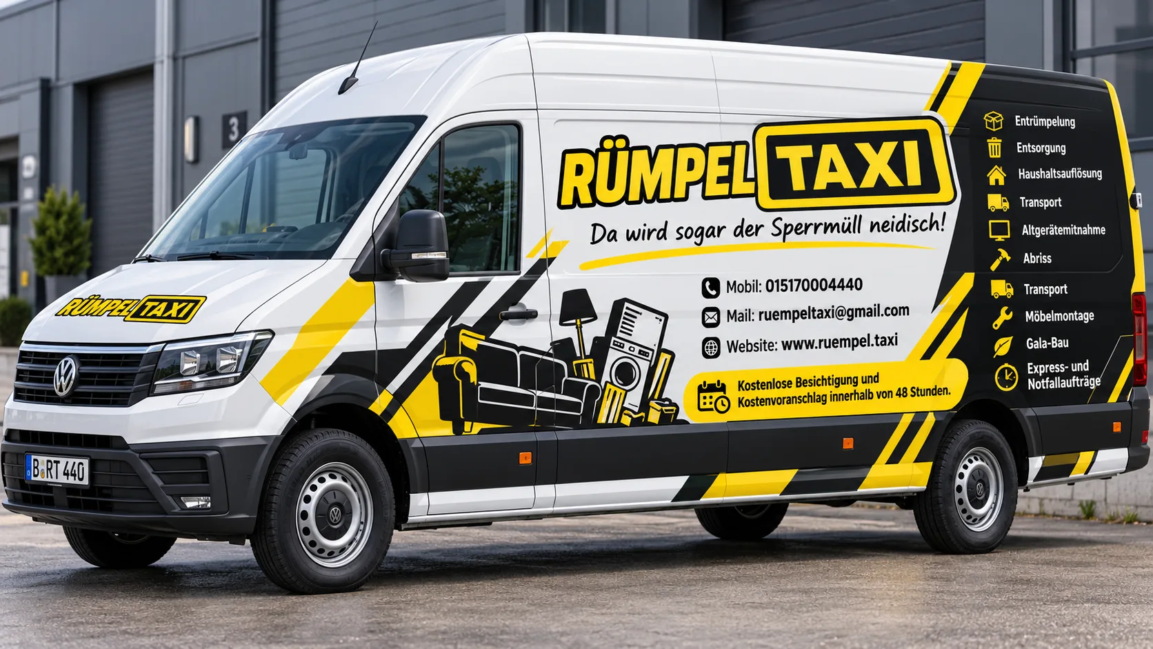 Rümpeltaxi Transporter gelb-schwarz, Entrümpelung Ulm Neu-Ulm Altenstadt